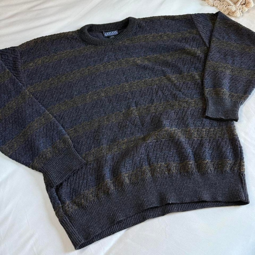 90s jantzen charcoal and olive striped‎ sweater size xl